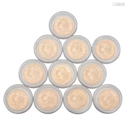 11 x Switzerland/GOLD - 20 Francs 1902/ 1927 (3x) / 1930 / 1...