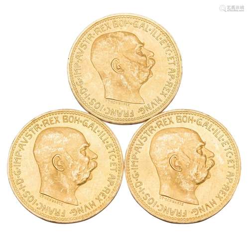 3 x Austria/GOLD - 20 Crowns 1915/ NP, Franz Joseph II,