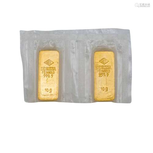 2 x gold bars - 10g GOLD fine, Degussa, bars in hist. Form,