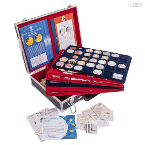 Filled aluminum case, mostly medals, Euro essays,