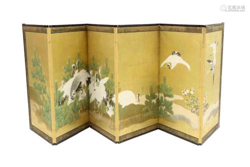 Japanese screen with six panels with painted decor…