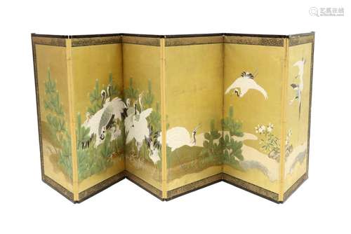 Japanese screen with six panels with painted decor…