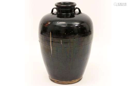 antique Chinese urn in dark brown glazed earthenwa…