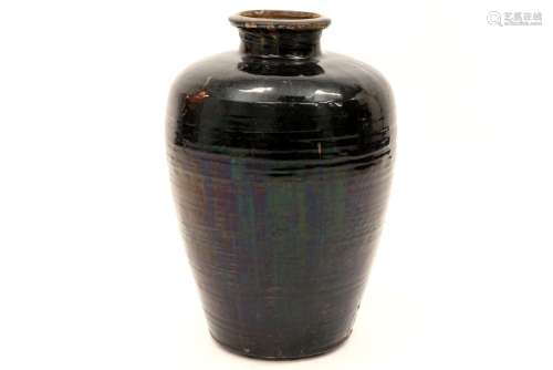 antique Chinese urn in dark brown glazed earthenwa…