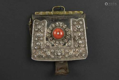 antique Tibetan purse in leather, brass and silver…