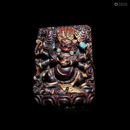 Red sandalwood carving painted six arms big black guard God ...