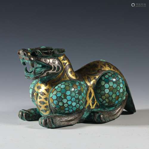 Gold and silver inlaid pine stone auspicious beast from the ...