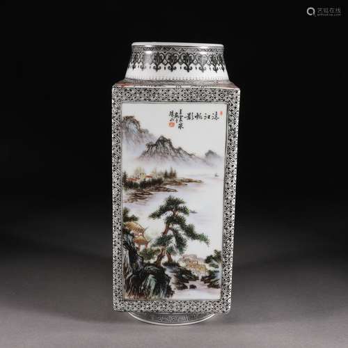 Pastel landscape figure square bottle from the Qing dynasty