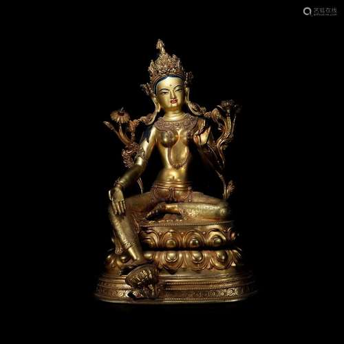 Gilded bronze green Tara from Nepal