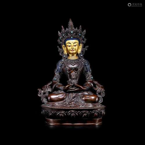 Red bronze clay gold painted longevity Buddha from Nepal