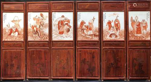 A SET OF FIVE COPPER-RED 'LUOHAN'  WALL PANELS