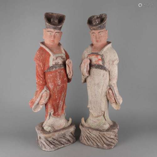 A PAIR OF PAINTED POTTERY OFFICERS.TANG DYNASTY
