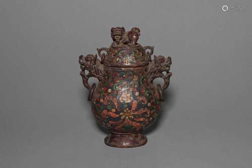 A GEM'S INLAID GLASS VASE AND COVER.WARRING STATES PERIOD