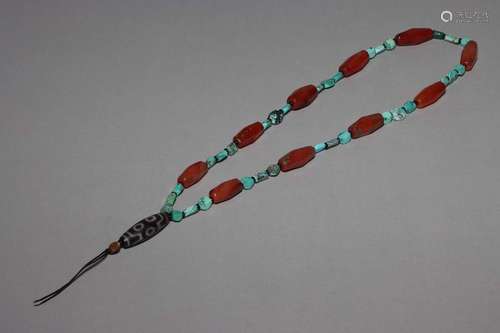 A TURQUOISE AND DZI BEADS NECKLACE