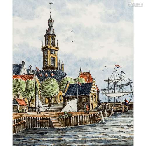 DELFT picture plate 'Harbour town', 20th c.