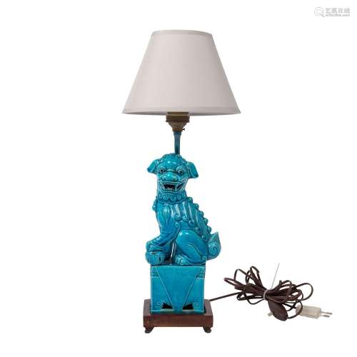 Turquoise glazed guardian lion table lamp,