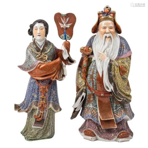 Pair of porcelain figures: the earth god Tudigong and his wi...