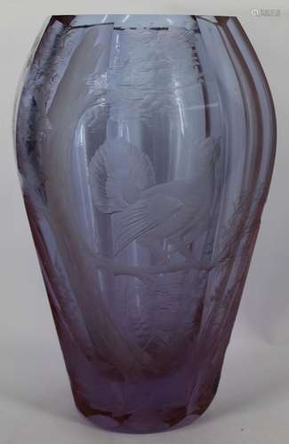 Moser Signed Etched Lavender Glass Vase.