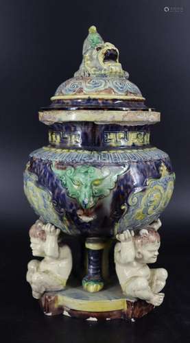 Majolica Urn In The Asian Taste with Foo Dog