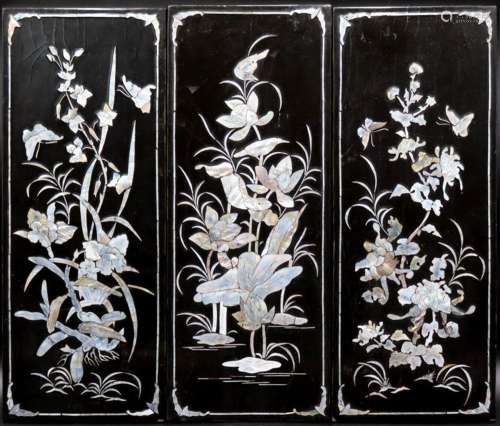 (3) Asian Mother-of-Pearl Inlaid Black Lacquered