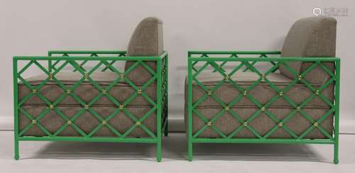 A Pair Of Green Enameled Metal Cube Chairs.