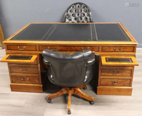 Vintage Yew Wood Leathertop Partners Desk& Chairs