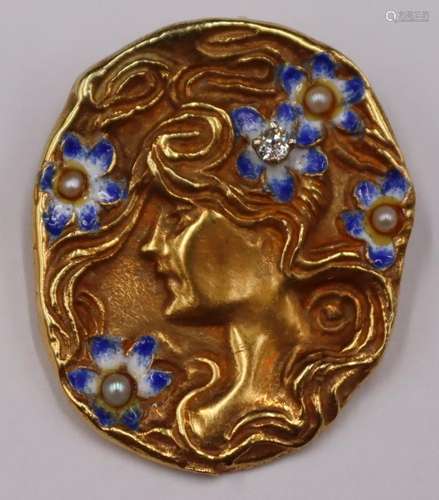 JEWELRY. Signed Art Nouveau 14kt Gold, Enamel,