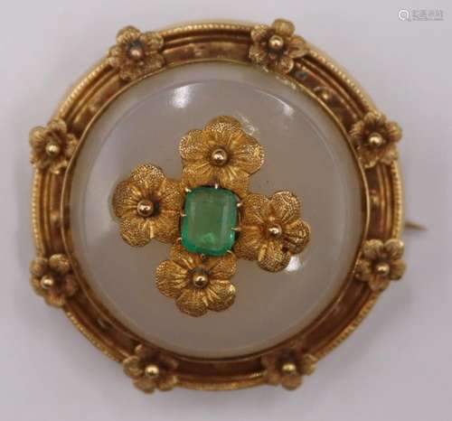 JEWELRY. Etruscan Revival 14kr Gold and Emerald