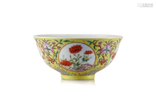 A porcelain Famille Rose yellow ground "medallion"...