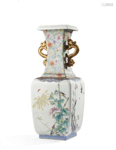 A Famille Rose porcelain square form vase with a long neck a...