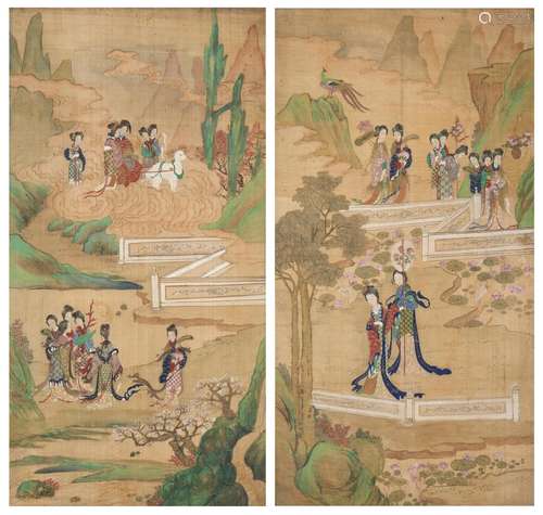 Two paintings on silk depicting court-ladies in a garden