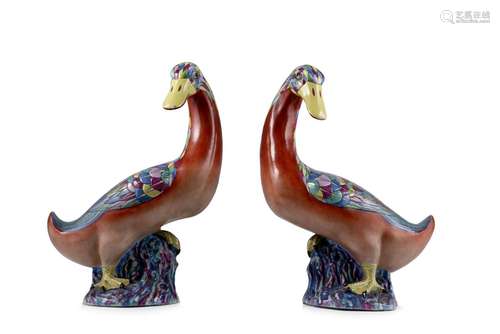 A pair of polychrome porcelain ducks China