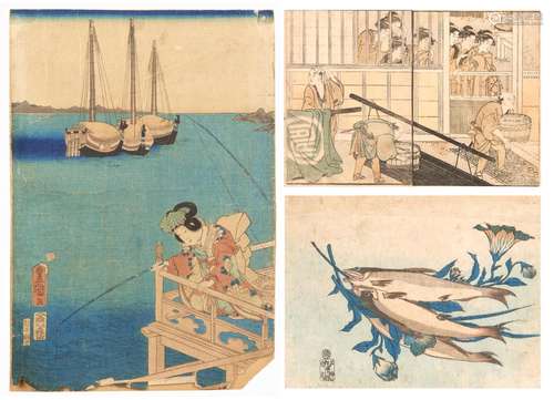 Lot of a still life depicting fish attributed to Hiroshige