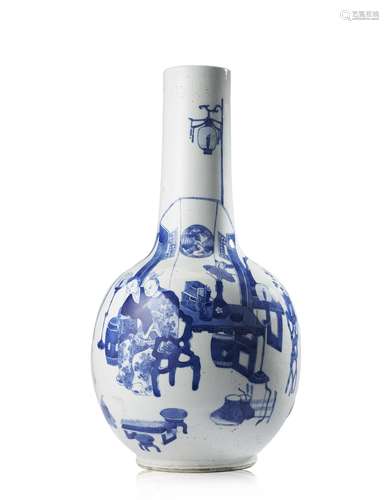 A blue and white bottle vase painted in underglaze blue with...