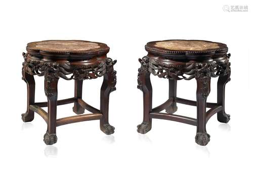 Two carved wood tables with marble plan China