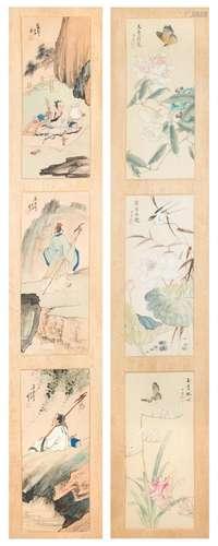 Six paintings on paper depicting flowers birds and figures i...