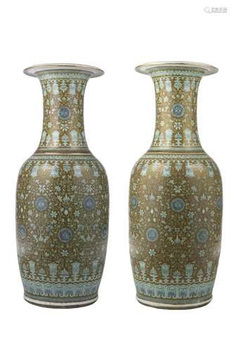 A pair of baluster vases each ovoid body rising to a tall tr...