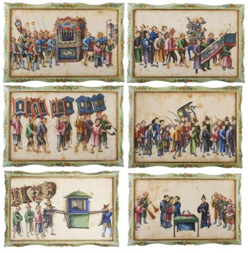A series of six plint on paper procession painting China