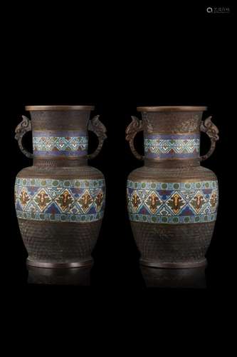 A pair of bronze and cloisonne enamels vases decorated with ...