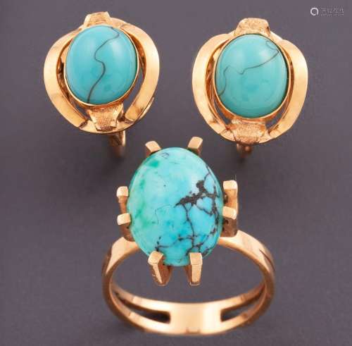 SET OF EARRINGS AND RING WITH CENTRAL TURQUOISE 18KT GOLD _<...