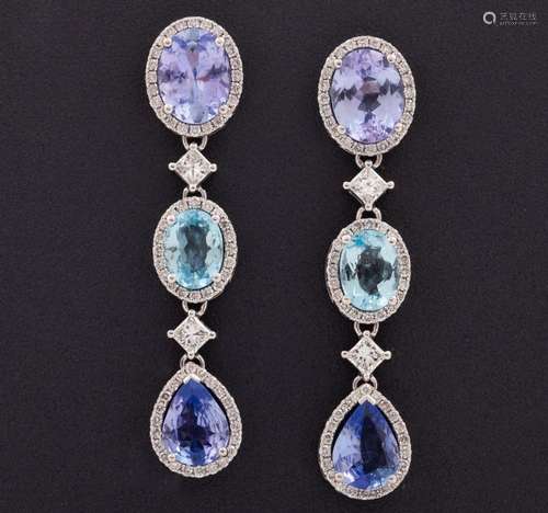 EARRINGS MADE IN 18 KT GOLD, AQUAMARINE, TANZANITE, DIAMONDS...