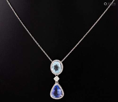 CHAIN AND PENDANT MADE IN 18 KT GOLD WITH TANZANITE, AQUAMAR...