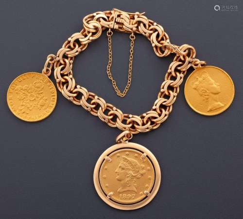18 CARAT GOLD DOUBLE LINK BRACELET WITH ONE 1897 US DOLLAR C...