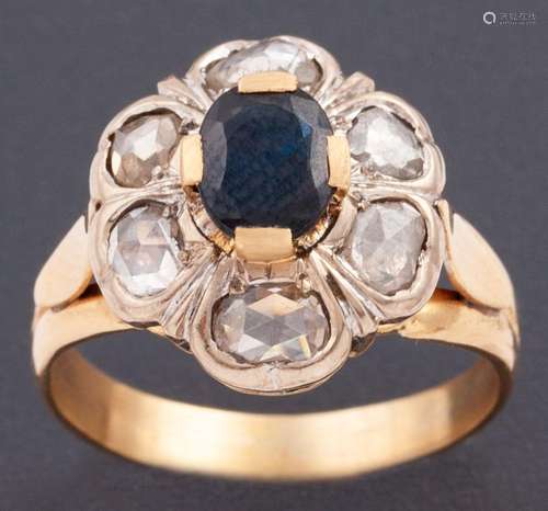 ANTIQUE CUT RING MADE IN 18 KT GOLD WITH SAPPHIRE AND DIAMON...