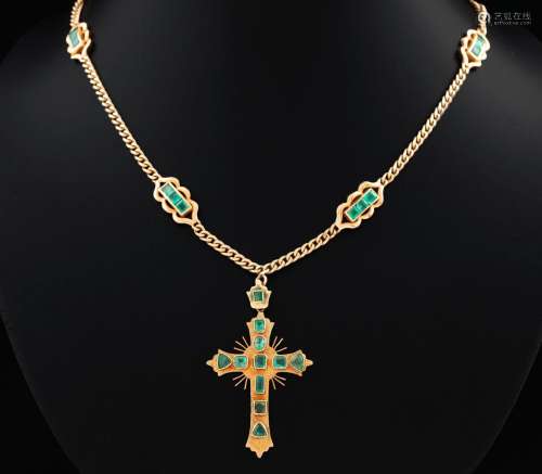 18 KT GOLD CHAIN AND CROSS WITH EMERALDS SET IN CHATON _.<br...