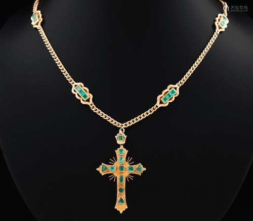 18 KT GOLD CHAIN AND CROSS WITH EMERALDS SET IN CHATON _.<br...