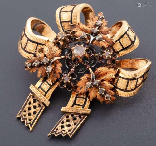 ELIZABETHAN BROOCH MADE IN 18 KT GOLD WITH DIAMONDS AND ENAM...