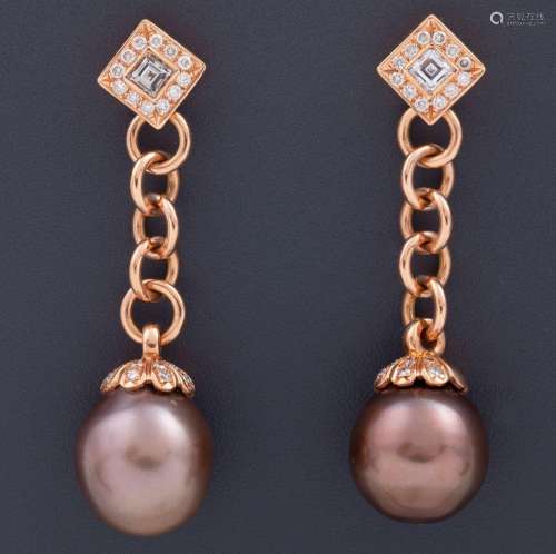 PAIR OF 18KT ROSE GOLD EARRINGS WITH DIAMONDS AND PEARLS TAH...