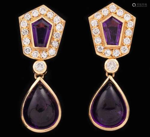 PAIR OF AMETHYST AND DIAMOND EARRINGS IN 18KT GOLD_.<br />
P...