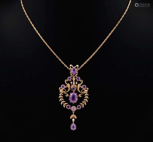 ART NOUVEAU CHOKER WITH PLANT MOTIFS WITH PENDANT, AMETHYSTS...